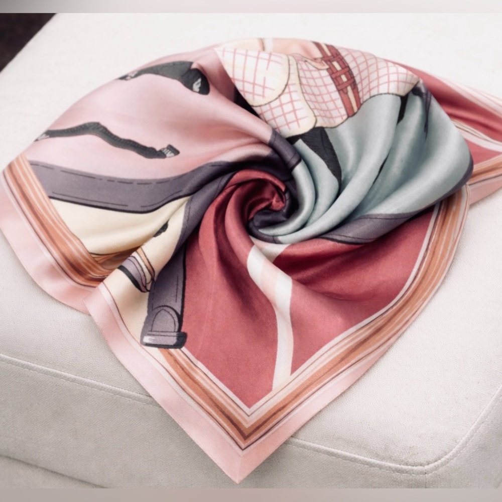 Equestrian Print Silk-Feel Head Scarf 35X35 - Picture 3 of 7